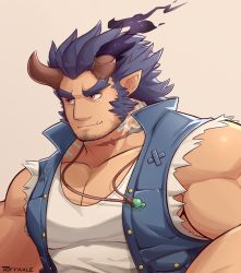 Rule 34 | 1boy, bara, blue hair, dark blue hair, demon boy, facial hair, fang, fiery horns, highres, horns, jewelry, long sideburns, male focus, manly, muscular, necklace, pectorals, red eyes, scar, short hair, sideburns, sleeveless, sleeveless jacket, solo, stubble, takemaru (housamo), terraxle, thick eyebrows, tokyo houkago summoners, torn clothes, upper body