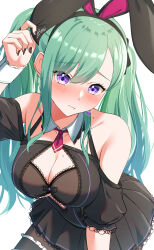 Rule 34 | 1girl, absurdres, animal ears, bare shoulders, black bra, black dress, black nails, black pantyhose, blush, bra, breasts, character name, cleavage, cleavage cutout, clothing cutout, detached collar, dress, fake animal ears, green hair, highres, hyon 2525, lace, lace-trimmed bra, lace-trimmed dress, lace trim, large breasts, long hair, looking at viewer, mole, mole on breast, necktie, nose blush, official alternate costume, pantyhose, pleated dress, pout, purple eyes, rabbit ears, red necktie, short dress, short necktie, simple background, solo, twintails, underwear, very long hair, virtual youtuber, vspo!, white background, wing collar, wrist cuffs, yakumo beni, yakumo beni (2nd costume)