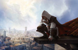 Rule 34 | 1boy, assassin&#039;s creed (series), assassin&#039;s creed ii, boots, cape, day, ezio auditore da firenze, gloves, hood, jewelry, male focus, necklace, scenery, sky, smile, solo, squatting, tile roof, town, vambraces