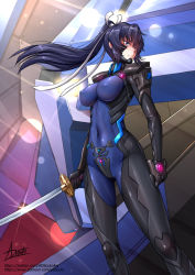 Rule 34 | 1girl, adsouto, arms at sides, blue hair, bodysuit, breasts, covered erect nipples, covered navel, fortified suit, hair ribbon, headgear, highres, holding, holding sword, holding weapon, impossible bodysuit, impossible clothes, katana, long hair, looking to the side, mecha, medium breasts, mitsurugi meiya, muv-luv, muv-luv alternative, ponytail, ribbon, robot, signature, skin tight, solo, standing, sword, weapon
