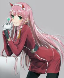 Rule 34 | 10s, 1girl, :p, bad id, bad pixiv id, black pantyhose, candy, cowboy shot, darling in the franxx, dress, food, from side, gloves, green eyes, grey background, hair ornament, holding, horns, leaning forward, lollipop, long hair, long sleeves, looking at viewer, pantyhose, pink hair, simple background, smile, solo, swav, tongue, tongue out, white gloves, zero two (darling in the franxx)