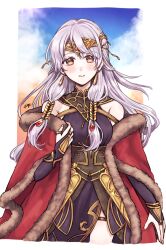 Rule 34 | 1girl, bare shoulders, black dress, bridal gauntlets, cape, circlet, coat, dress, earrings, fire emblem, fire emblem: radiant dawn, fire emblem cipher, fire emblem heroes, fur trim, gloves, grey hair, half updo, highres, jewelry, long hair, looking at viewer, micaiah (fire emblem), micaiah (radiant queen) (fire emblem), misato hao, nintendo, red cape, side slit, simple background, sleeveless, sleeveless dress, smile, solo, yellow eyes