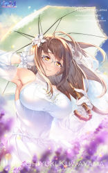 ahoge, alstroemeria (idolmaster), backless dress, backless outfit, bare shoulders, bespectacled, blue-framed eyewear, blurry, blurry foreground, breasts, brown eyes, brown hair, character name, closed mouth, detached sleeves, dress, english text, eyebrows visible through hair, flower, glasses, gloves, hair flower, hair ornament, halter dress, halterneck, happy birthday, highres, hozumi kaoru, idolmaster, idolmaster shiny colors, kuwayama chiyuki, lace trim, large breasts, long hair, looking at viewer, orange eyes, sideboob, sleeveless, sleeveless dress, smile, solo, tareme, tight, tight dress, turtleneck, turtleneck dress, umbrella, wedding dress, white dress, wind