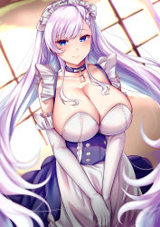 Rule 34 | 1girl, absurdres, apron, azur lane, belfast (azur lane), braid, breasts, broken, broken chain, chain, cleavage, collar, cowboy shot, elbow gloves, french braid, frilled gloves, frills, gloves, highres, large breasts, long hair, low neckline, maid, maid apron, maid headdress, mirufui, own hands together, purple eyes, white hair