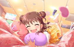 Rule 34 | 10s, 1girl, ^ ^, blush, brown hair, ceiling, closed eyes, double bun, dress, dutch angle, closed eyes, feet, hair bun, happy, heart, idolmaster, idolmaster cinderella girls, idolmaster cinderella girls starlight stage, indoors, lamp, munakata atsumi, official art, pillow, price, shoes, unworn shoes, short hair, sign, skirt, smile, socks, soles, solo, sparkle, white socks, yen sign
