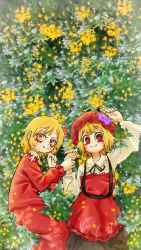 Rule 34 | 2girls, absurdres, aki minoriko, aki shizuha, apron, blonde hair, blouse, chamaji, commentary request, dress, field, floral print, flower, flower field, food, food-themed hair ornament, fruit, grape hair ornament, grapes, hair ornament, hat, highres, holding hands, leaf, leaf hair ornament, leaf on head, leaf print, long sleeves, looking at viewer, lying, maple leaf, multiple girls, neck ribbon, on ground, red dress, red eyes, ribbon, shirt, short hair, siblings, sisters, smile, touhou, yellow eyes, yellow flower