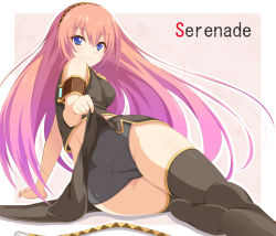 Rule 34 | 1girl, ass, black panties, clothes lift, gradient hair, long hair, lying, megurine luka, multicolored hair, on side, orange hair, panties, pink hair, sitting, skirt, skirt lift, smile, solo, thick thighs, thighhighs, thighs, underwear, upskirt, violetshit, vocaloid