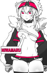 Rule 34 | 1girl, ^^^, absurdres, arrow (symbol), bandages, bandaged hand, bandages, bandeau, blush, breast lift, breasts, character name, choker, clenched hands, cowboy shot, cropped jacket, goggles, goggles on head, hair between eyes, highres, jacket, long sleeves, looking down, medium breasts, medium hair, micro shorts, navel, niwamaru (niwarhythm), niwarhythm, open clothes, open jacket, original, red eyes, shorts, simple background, solo, standing, stomach, sweatdrop, thigh gap, white background