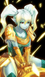 Rule 34 | 1girl, armor, beancurd, blue skin, breasts, cleavage, colored skin, earrings, gauntlets, jewelry, league of legends, long hair, aged up, pointy ears, poppy (league of legends), red eyes, solo, thighhighs, white hair, yordle