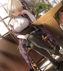 Rule 34 | 1girl, amatsutsumi, ankle boots, black thighhighs, blush, boots, breasts, brown eyes, crossed legs, cup, dutch angle, hair ornament, high-waist skirt, highres, koizuka mana (amatsutsumi), koku, large breasts, plant, reading, ribbed sweater, shoes, side ponytail, silver hair, sitting, skirt, solo, suspender skirt, suspenders, sweater, table, thighhighs, underbust, window