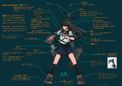 Rule 34 | 1girl, absurdres, adapted turret, black hair, blue sailor collar, blue skirt, blunt bangs, brown eyes, cannon, collared shirt, commentary request, full body, green background, hatsuyuki (kancolle), headset, highres, hime cut, kantai collection, kuragare, long hair, machinery, mast, microphone, neckerchief, pleated skirt, sailor collar, school uniform, serafuku, shikinami (kancolle), shirt, skirt, solo, standing, torpedo launcher, translation request, turret