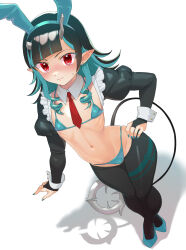 Rule 34 | 1girl, alternate costume, animal ears, bikini, black bridal gauntlets, black hair, blue bikini, blue hair, blue nails, blunt bangs, blush, bridal gauntlets, bunny day, buren, closed mouth, collar, commentary request, demon girl, demon horns, demon tail, detached collar, earrings, fake animal ears, fang, fang out, flat chest, full body, hand on own hip, highres, horns, jewelry, long hair, looking at viewer, meme attire, multicolored hair, nanashi inc., navel, necktie, nontraditional playboy bunny, pointy ears, rabbit ears, red eyes, red necktie, reverse bunnysuit, reverse outfit, shadow, shishio chris, shrug (clothing), simple background, solo, standing, stud earrings, swimsuit, tail, two-tone hair, virtual youtuber, white background, white collar