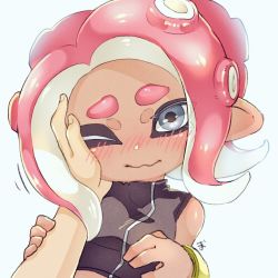Rule 34 | 1girl, agent 8 (splatoon), bare shoulders, blue eyes, blush, crop top, dark-skinned female, dark skin, eyebrows, hand on another&#039;s face, highres, looking at viewer, nintendo, octoling, octoling girl, octoling player character, one eye closed, pointy ears, pov, pov hands, red hair, short eyebrows, simple background, solo focus, splatoon (series), splatoon 2, splatoon 2: octo expansion, takozonesu, tentacle hair, upper body, wavy mouth