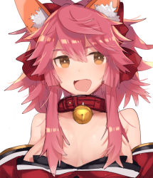 Rule 34 | 1girl, animal ears, bad id, bad pixiv id, bell, breasts, cleavage, collar, fangs, fate/grand order, fate (series), fox ears, hair ribbon, large breasts, long hair, looking at viewer, neck bell, open mouth, pink hair, ribbon, simple background, solo, tamamo (fate), tamamo cat (fate), tamamo cat (first ascension) (fate), tamamo no mae (fate/extra), white background, yellow eyes