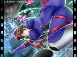 Rule 34 | 1girl, aiming, aiming at viewer, animal print, arm up, blue bodysuit, bodysuit, breasts, brown eyes, brown hair, building, bullet, projectile trail, charm (object), city, covered erect nipples, covered navel, cowboy shot, crotch, d.va (overwatch), dodging, facepaint, facial mark, feet, film border, foot focus, foreshortening, from below, glass, gloves, gun, handgun, headphones, high collar, holding, holding gun, holding weapon, ikemura hiroichi, impossible bodysuit, impossible clothes, large breasts, long hair, looking at viewer, night, outdoors, overwatch, overwatch 1, pilot suit, pink lips, pistol, pov, rabbit print, ribbed bodysuit, shoulder pads, skin tight, skyscraper, smile, solo, spread legs, swept bangs, weapon, whisker markings, white gloves