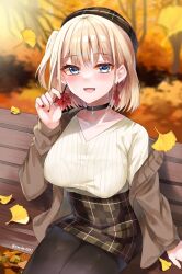 Rule 34 | 1girl, arm up, autumn, autumn leaves, bench, black choker, black pantyhose, blonde hair, blue eyes, blush, bob cut, breasts, brown coat, brown headwear, brown skirt, choker, coat, commentary request, earrings, highres, hololive, hololive english, jewelry, large breasts, leaf earrings, lemon t, looking at viewer, miniskirt, nail polish, off shoulder, open mouth, pantyhose, park bench, plaid, plaid headwear, plaid skirt, shirt, short hair, sitting, skirt, smile, solo, striped clothes, striped shirt, thighs, v-neck, virtual youtuber, watson amelia, white shirt