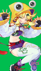 Rule 34 | 1girl, ;), ;q, adapted costume, animal print, black footwear, black gloves, blonde hair, commentary request, crop top, fingerless gloves, frog print, gloves, green background, hands up, highres, hood, hooded jacket, jacket, looking at viewer, midriff, moriya suwako, navel, one eye closed, purple shirt, purple shorts, pyonta, shirt, shoes, short hair, short shorts, shorts, simple background, smile, solo, stomach, syuri22, thighhighs, thighs, tongue, tongue out, touhou, white jacket, white thighhighs, yellow eyes