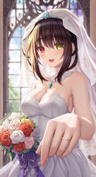 Rule 34 | 1girl, :d, absurdres, arus, bare shoulders, black hair, bouquet, breasts, bridal veil, bride, cleavage, clock eyes, commentary, commentary request, date a live, dress, english commentary, flower, happy, heterochromia, highres, holding, holding bouquet, jewelry, looking at viewer, medium breasts, mixed-language commentary, open mouth, ornate ring, red eyes, ring, smile, solo, symbol-shaped pupils, tokisaki kurumi, veil, wedding, wedding dress, wedding ring, white dress, window, yellow eyes
