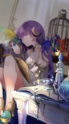 Rule 34 | 1girl, alternate costume, bad id, bad pixiv id, bird, birdcage, blurry, book, book on lap, bottle, cage, closed eyes, closed mouth, crescent, crescent hair ornament, depth of field, dress, dutch angle, feathers, hair ornament, high heels, highres, holding, holding quill, indoors, knees up, long hair, magic, magic circle, mandarin collar, no headwear, open book, parrot, patchouli knowledge, pumps, purple hair, quill, risui (suzu rks), sitting, sleeping, solo, table, touhou, vial, wax, white dress