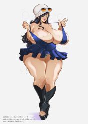 Rule 34 | 1girl, alternate form, bare shoulders, black footwear, black hair, blue dress, blue eyes, breasts, bunkwizard, cleavage, closed mouth, collarbone, curvy, dress, full body, grey background, hat, high heels, huge breasts, long hair, nico robin, off shoulder, one piece, panties, platform footwear, shiny skin, simple background, smile, solo, standing, striped clothes, striped panties, sunglasses on head, sweat, tan, thick thighs, thighs, toeless legwear, toes, underwear, white hat