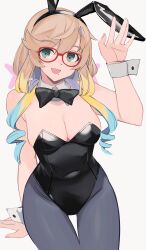Rule 34 | 1girl, absurdres, animal ear hairband, animal ears, black bow, black bowtie, black leotard, black pantyhose, blonde hair, blue hair, bow, bowtie, breasts, cleavage, detached collar, drill hair, glasses, gradient hair, grey hair, haruno sora, highres, large breasts, leotard, long hair, looking at viewer, medium breasts, multicolored hair, open mouth, pantyhose, playboy bunny, rabbit ear hairband, rabbit ears, red-framed eyewear, solo, strapless, strapless leotard, twin drills, ubah, voiceroid, wrist cuffs