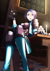 Rule 34 | 1girl, armor, asymmetrical hair, black choker, blue hair, bow (weapon), breasts, candle, cat, choker, cleavage, dice, fire emblem, fire emblem: three houses, fire emblem heroes, full body, gloves, green jacket, highres, indoors, jacket, large breasts, crossed legs, looking at viewer, nintendo, open clothes, open jacket, open mouth, orb, purple eyes, shamir nevrand, short hair, short sleeves, sitting, solo, sukkirito (rangusan), weapon