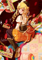Rule 34 | 10s, 1girl, bad id, bad pixiv id, beret, blonde hair, blush, boots, cake, charlotte (madoka magica), detached sleeves, drill hair, food, from behind, fruit, hat, highres, looking back, magical girl, mahou shoujo madoka magica, mahou shoujo madoka magica (anime), pandako, pleated skirt, puffy sleeves, sitting, skirt, smile, strawberry, thighhighs, tomoe mami, witch&#039;s labyrinth, yellow eyes