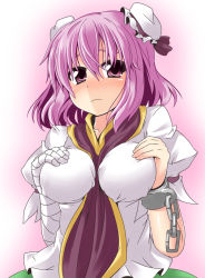 Rule 34 | 1girl, bandages, between breasts, blush, breasts squeezed together, breasts, chain, cuffs, double bun, female focus, hands on breasts, ibaraki kasen, ichimi, large breasts, looking at viewer, puffy sleeves, purple eyes, purple hair, shackles, shirt, short hair, short sleeves, skirt, solo, tabard, touhou, upper body