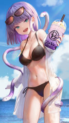 Rule 34 | 1girl, :d, absurdres, bare shoulders, bikini, black bikini, blue sky, breasts, chrysa ( sa0ru), cleavage, cloud, commentary request, cowboy shot, cup, day, disposable cup, drinking straw, eyewear on head, green eyes, halterneck, highres, holding, holding cup, looking at viewer, lume sangria (chrysa), medium breasts, medium hair, nail polish, navel, off shoulder, open clothes, open mouth, open shirt, original, outdoors, purple hair, purple nails, shirt, side-tie bikini bottom, sky, smile, solo, standing, stomach, sunglasses, swimsuit, wet, white shirt