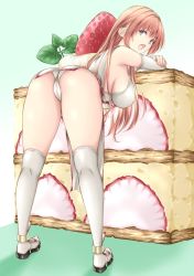 Rule 34 | 1girl, ass, breasts, cake, dead or alive, food, fruit, highres, kasumi (doa), large breasts, long hair, looking at viewer, looking back, mille-feuille, nintarou, open mouth, oversized food, oversized object, pastry, pelvic curtain, presenting, sideboob, strawberry, strawberry mille-feuille, tecmo