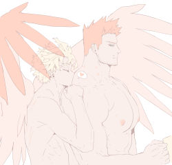 Rule 34 | 2boys, abs, kissing back, bara, beard, blonde hair, blue eyes, boku no hero academia, couple, deavor lover, facial hair, feathered wings, feathers, hawks (boku no hero academia), highres, large pectorals, male focus, manly, multiple boys, muscular, mustache, nipples, pectorals, red hair, scar, topless male, spiked hair, endeavor (boku no hero academia), upper body, wings, yaoi