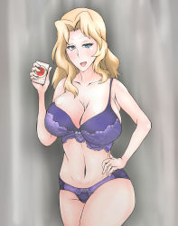 Rule 34 | 1girl, absurdres, bikini, blonde hair, blue eyes, bow, breasts, cigarette, cigarette pack, cleavage, frilled bikini, frills, girls und panzer, hand on own hip, highres, holding, holding cigarette, kay (girls und panzer), large breasts, long hair, looking at viewer, lucky strike, masuo mori, navel, open mouth, solo, swimsuit