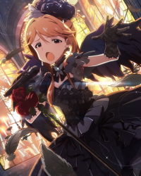Rule 34 | 10s, 1girl, artist request, black dress, black gloves, black wings, brown eyes, brown hair, dress, earrings, feathers, flower, gloves, idolmaster, idolmaster million live!, jewelry, lace, lace gloves, looking at viewer, microphone, microphone stand, music, official art, rose, singing, solo, tenkuubashi tomoka, wings