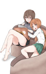 Rule 34 | 10s, 2girls, :d, ass, bad id, bad pixiv id, barefoot, black neckerchief, black skirt, blouse, blush, breasts, brown eyes, brown hair, couch, crossed legs, cushion, girls und panzer, green skirt, grey shirt, hair between eyes, highres, holding, holding pen, jacket, large breasts, light brown hair, long sleeves, military, military jacket, military uniform, miniskirt, mitsudoue, multiple girls, neckerchief, nishizumi maho, nishizumi miho, on couch, open mouth, parted lips, pen, plantar flexion, pleated skirt, sailor collar, school uniform, serafuku, shirt, short hair, simple background, skirt, sleeves rolled up, smile, uniform, white background, white shirt