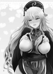 Rule 34 | 1girl, arano oki, belt, blush, bow, bowtie, breasts, chinese clothes, crescent, dress, greyscale, hair between eyes, hands on own chest, hands up, hat, heart, highres, junko (touhou), large breasts, long hair, long sleeves, looking at viewer, monochrome, nipples, open mouth, phoenix crown, pom pom (clothes), smile, solo, standing, tabard, touhou, wide sleeves