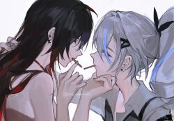 Rule 34 | 2girls, alternate costume, bare shoulders, black hair, cigarette, commentary, company connection, drill hair, earrings, english commentary, grey hair, hair ornament, hand on another&#039;s chin, hand on another&#039;s head, high ponytail, highres, honkai: star rail, honkai (series), honkai impact 3rd, implied yuri, jewelry, lighting cigarette, long hair, looking at another, mie xing, multicolored hair, multiple girls, nail polish, red hair, seele (alter ego), seele vollerei, seele vollerei (starchasm nyx), silver wolf (honkai: star rail), simple background, streaked hair, twitter username, upper body, white background, x hair ornament
