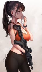 Rule 34 | 1girl, absurdres, ar-15, bare arms, bare shoulders, black gloves, black pants, breasts, brown background, brown eyes, brown hair, cleavage, cowboy shot, gloves, gradient background, gun, highres, holding, holding gun, holding weapon, koh (minagi kou), large breasts, long hair, mk 18 carbine, navel, original, pants, parted lips, ponytail, profile, rifle, signature, single glove, solo, sports bra, sweat, weapon, wiping sweat, wristband, yoga pants