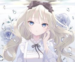 1girl absurdres air_bubble black_bow blonde_hair blue_eyes blush bow bubble flower grey_flower hair_bow highres long_hair looking_at_viewer open_mouth original paruno solo