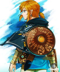 Rule 34 | 1boy, black capelet, blonde hair, blue eyes, blue tunic, capelet, closed mouth, commentary request, earrings, eyelashes, from behind, hair tie, highres, holding, holding sword, holding weapon, jewelry, link, looking to the side, male focus, nintendo, pointy ears, sheath, shield, shield on back, solo, sword, the legend of zelda, the legend of zelda: breath of the wild, tonbanlove, weapon