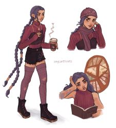 Rule 34 | 1girl, alternate costume, arm tattoo, artist name, asymmetrical bangs, bare shoulders, black footwear, black shorts, braid, cup, disposable cup, earrings, fingerless gloves, full body, gloves, hair ornament, hand up, haylsketches, highres, holding, holding cup, jewelry, jinx (league of legends), league of legends, long hair, multiple views, pink sweater, pink thighhighs, shoes, shorts, smile, sweater, tattoo, thighhighs, twin braids, twintails, upper body