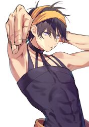 Rule 34 | 1boy, abs, arm up, armpits, bare shoulders, black hair, collarbone, hairband, highres, jojo no kimyou na bouken, looking at viewer, male focus, muscular, muscular male, narancia ghirga, orange hairband, orange wristband, parted lips, pectorals, purple eyes, shirt, short hair, solo, tere, tight clothes, tight shirt, vento aureo, white background