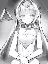 Rule 34 | 1girl, absurdres, bare arms, blunt bangs, closed mouth, dot nose, dress, expressionless, flat chest, gloves, greyscale, highres, holoearth, hololive, hololive alternative, long hair, looking at viewer, mithra (holoearth), monochrome, nanashi (nlo), sleeveless, sleeveless dress, solo, upper body, very long hair