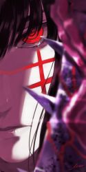 Rule 34 | 1girl, black hair, chainsaw man, cheng (zi74438982), cross scar, facial scar, holding, holding weapon, light rays, long hair, looking at viewer, red eyes, ringed eyes, scar, scar on cheek, scar on face, simple background, solo, spine, weapon, white background, yoru (chainsaw man)