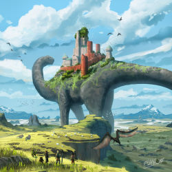 Rule 34 | 4boys, absurdres, animal, artist name, city, cloud, dinosaur, flying, frankatt, from behind, grass, highres, holding, holding sword, holding weapon, horse, mini person, miniboy, mountain, multiple boys, outdoors, rock, sauropod, scenery, standing, sword, tantra la&#039;goon, topless male, trias trodon, ultracore, veneraius aviditatis, watermark, weapon, wings