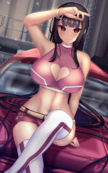 Rule 34 | 1girl, absurdly long hair, alternate costume, arm up, armpits, bare shoulders, black hair, blunt bangs, blush, branch, breasts, bug, butterfly, car, cleavage, cleavage cutout, clothing cutout, crop top, crossed legs, dutch angle, heart, highres, houraisan kaguya, insect, jeweled branch of hourai, large breasts, light smile, long hair, midriff, motor vehicle, nail polish, navel, parted lips, pink nails, purple eyes, red eyes, short shorts, shorts, shounen (hogehoge), sitting, sitting on car, sleeveless, solo, teeth, thighhighs, touhou, very long hair, white thighhighs