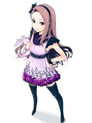 Rule 34 | 1girl, :&lt;, black thighhighs, brown hair, dress, foreshortening, from above, hair ornament, hairband, hand on own hip, hip focus, idolmaster, idolmaster (classic), long hair, looking at viewer, minase iori, mistrail, purple eyes, solo, standing, stuffed animal, stuffed rabbit, stuffed toy, thighhighs, white background