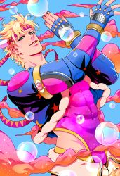 Rule 34 | 1boy, abs, absurdres, blonde hair, bubble, caesar anthonio zeppeli, cloud, cropped jacket, facial mark, feather hair ornament, feathers, fingerless gloves, gloves, green eyes, hair ornament, headband, highres, hydrokinesis, jojo no kimyou na bouken, leotard, male focus, official alternate costume, sky, solo, tariah furlow, tight clothes, water