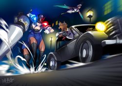 Rule 34 | 1boy, 1girl, animal ears, blue hair, car, vehicle chase, centaur, chasing, driving, gloves, gun, handgun, harpy, hat, highres, horse ears, lamppost, long hair, monster girl, motor vehicle, multiple girls, night, night sky, open mouth, original, pointy ears, police, police hat, police uniform, policewoman, ponytail, revolver, ryuusei (mark ii), sky, tail, taur, thighhighs, uniform, vehicle focus, weapon, winged arms, wings