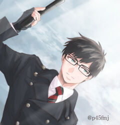 Rule 34 | 1boy, ao no exorcist, artist name, black-framed eyewear, black coat, black gloves, black hair, blue eyes, buttons, coat, collared shirt, diagonal-striped clothes, diagonal-striped necktie, double-breasted, dress shirt, fingerless gloves, glasses, gloves, gun, handgun, highres, holding, holding gun, holding weapon, lapels, light particles, long sleeves, lying, male focus, multicolored necktie, necktie, notched lapels, okumura yukio, on back, p45fmj, rectangular eyewear, red necktie, shirt, short hair, solo, striped clothes, twitter username, upper body, weapon, white shirt
