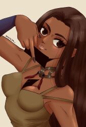 Rule 34 | 1girl, arc the lad, arc the lad ii, breasts, brown hair, card, choker, cleavage, closed mouth, dark-skinned female, dark skin, highres, holding, holding card, long hair, looking at viewer, marusa (marugorikun), medium breasts, nail polish, sania (arc the lad), simple background, solo